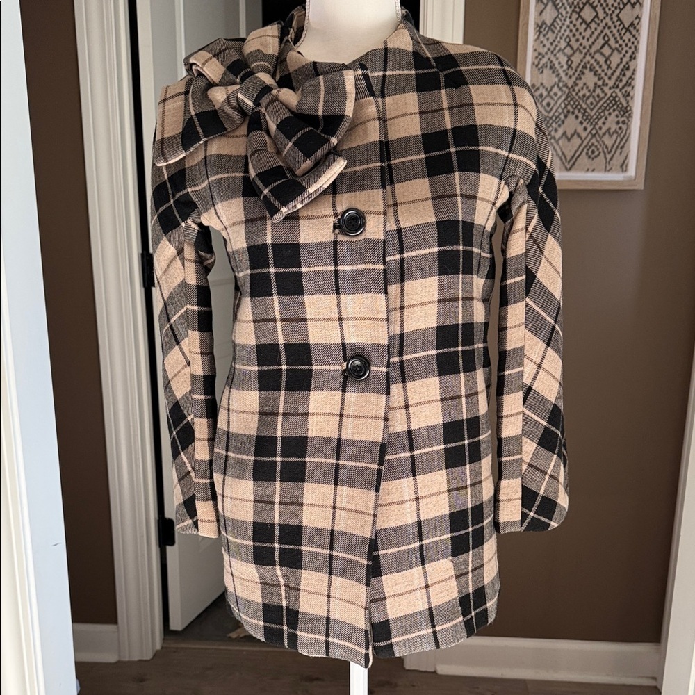 KATE SPADE Tan & Black Plaid Wool Blend Jacket Double Breasted Bow Collar Size M